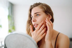 Woman touching Rosacea on face
