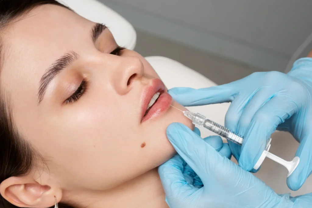 Woman getting lip filler injections