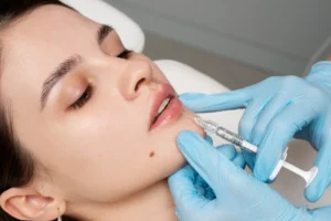Woman getting lip filler injections