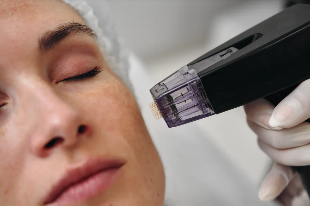 microneedling machine on clients face