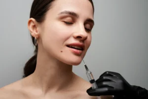 Woman lips next to lip filler injections