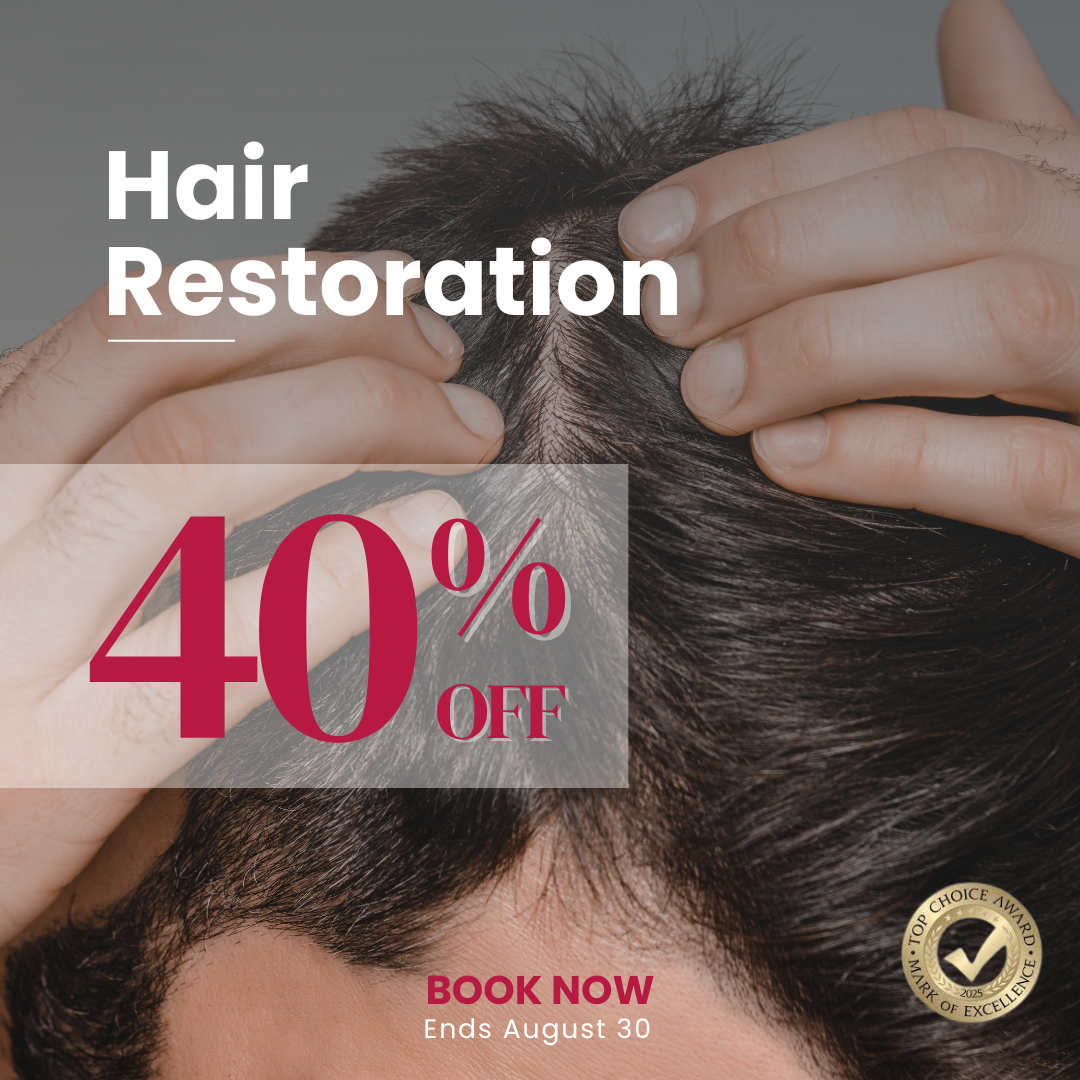 Hair Restoration Promo Banner 40% off man touching hairline