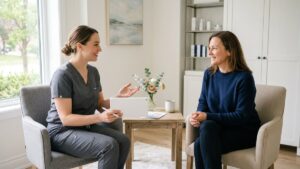Nurse injector discussing a Botox treatment plan with a client during a consultation at a Barrie aesthetics clinic