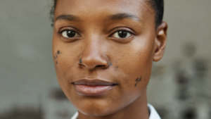 Close-up of an adult woman's face showing subtle facial pigmentation, illustrating hyperpigmentation and melasma