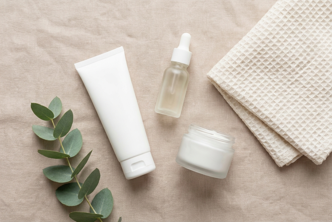 Flat lay of a gentle skincare routine with mineral sunscreen, serum and moisturizer for pigmentation care