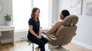 Nurse injector discussing lip filler aftercare with a client in a calm Toronto clinic consultation room