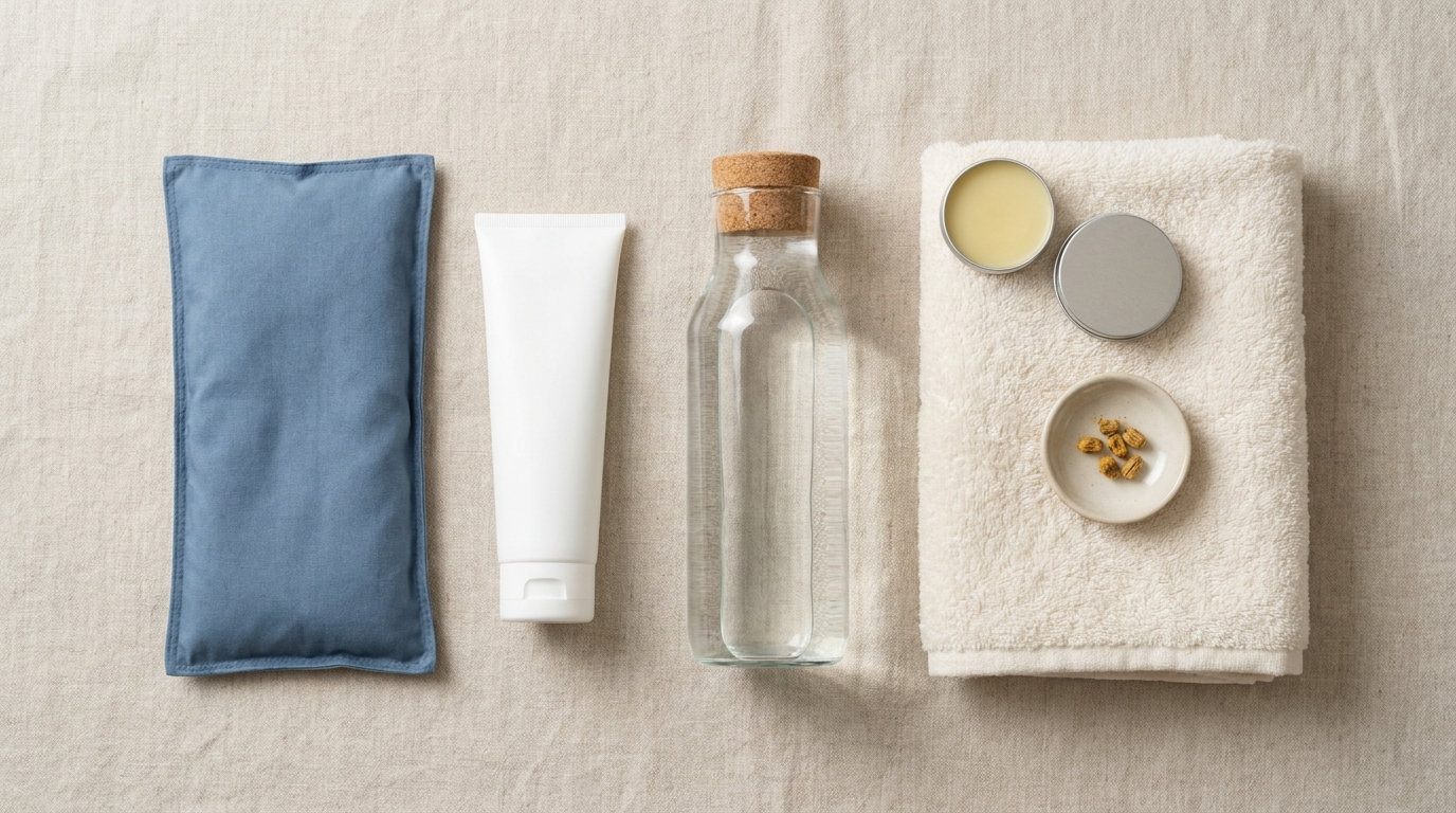 Lip filler aftercare essentials including a cold pack, arnica, water and lip balm arranged on a clean surface