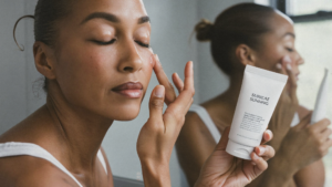 Woman with medium-deep skin tone gently applying mineral sunscreen to her cheek at home after a microneedling treatment