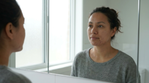 Adult woman in her early 30s with mild adult acne along her jawline and chin looking calmly at her reflection in a bright bathroom mirror