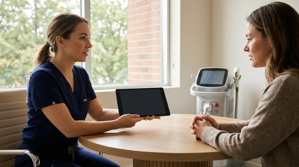 Laser technician discussing laser hair removal pricing with a client during a consultation in a bright Ontario clinic