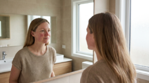 Adult woman with fair, rosacea-prone skin and visible cheek redness looking calmly at her reflection in a bright bathroom mirror