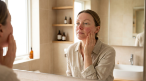 Woman with mild rosacea redness checking her cheek in a mirror before starting rosacea treatment