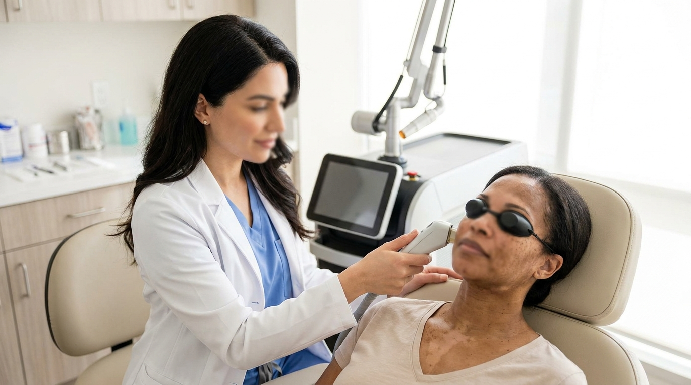 Clinician performing an IPL rosacea consultation on an adult patient wearing protective eyewear