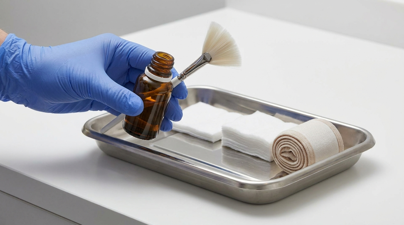 Clinician gloved hand holding a small glass bottle of clear peel solution and a fan brush beside a stainless steel treatment tray on a clean clinic counter