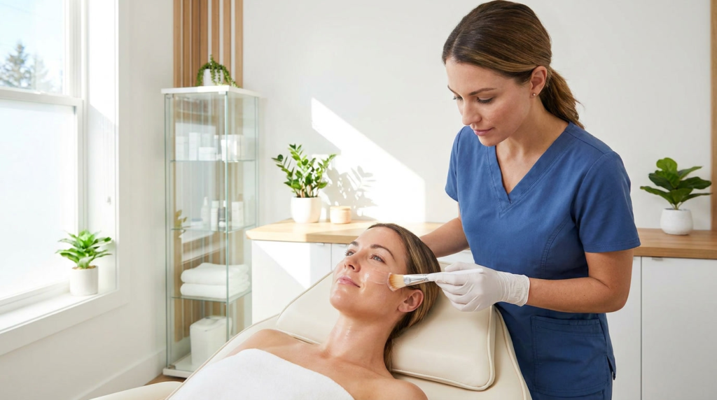 Gloved medical aesthetician applying a clear chemical peel solution to the cheek of a calm adult woman with a soft brush in a bright Toronto clinic