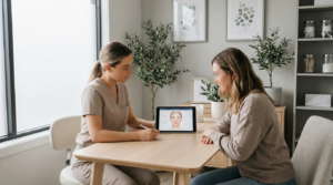 Medical aesthetician reviewing a microneedling treatment plan with an adult client during a consultation at a Mississauga clinic