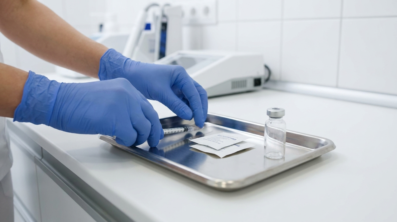Sterile clinic tray with a fine syringe and unlabeled vial prepared for Botox injections