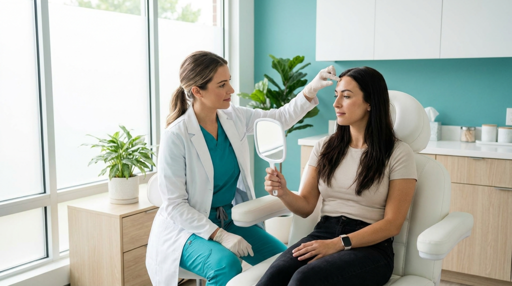 Nurse injector discussing Botox treatment areas with a client at a mirror in a modern clinic