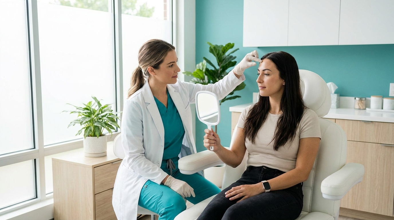Nurse injector discussing Botox treatment areas with a client at a mirror in a modern clinic