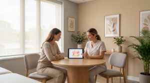Medical aesthetician reviewing a Morpheus8 skin-tightening treatment plan with an adult client during a consultation at a Vaughan clinic