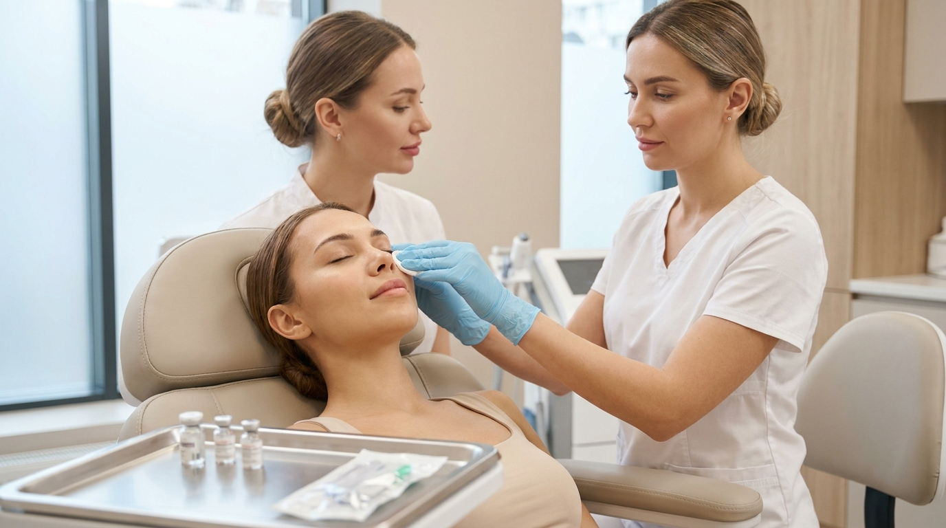 Gloved clinician gently assessing an adult client's under-eye area with a soft cotton pad before an injectable treatment