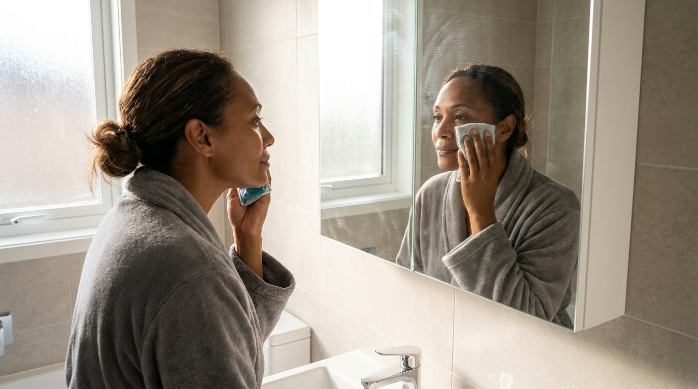 Adult woman gently applying a wrapped cold compress under her eye at home as aftercare following a cosmetic treatment