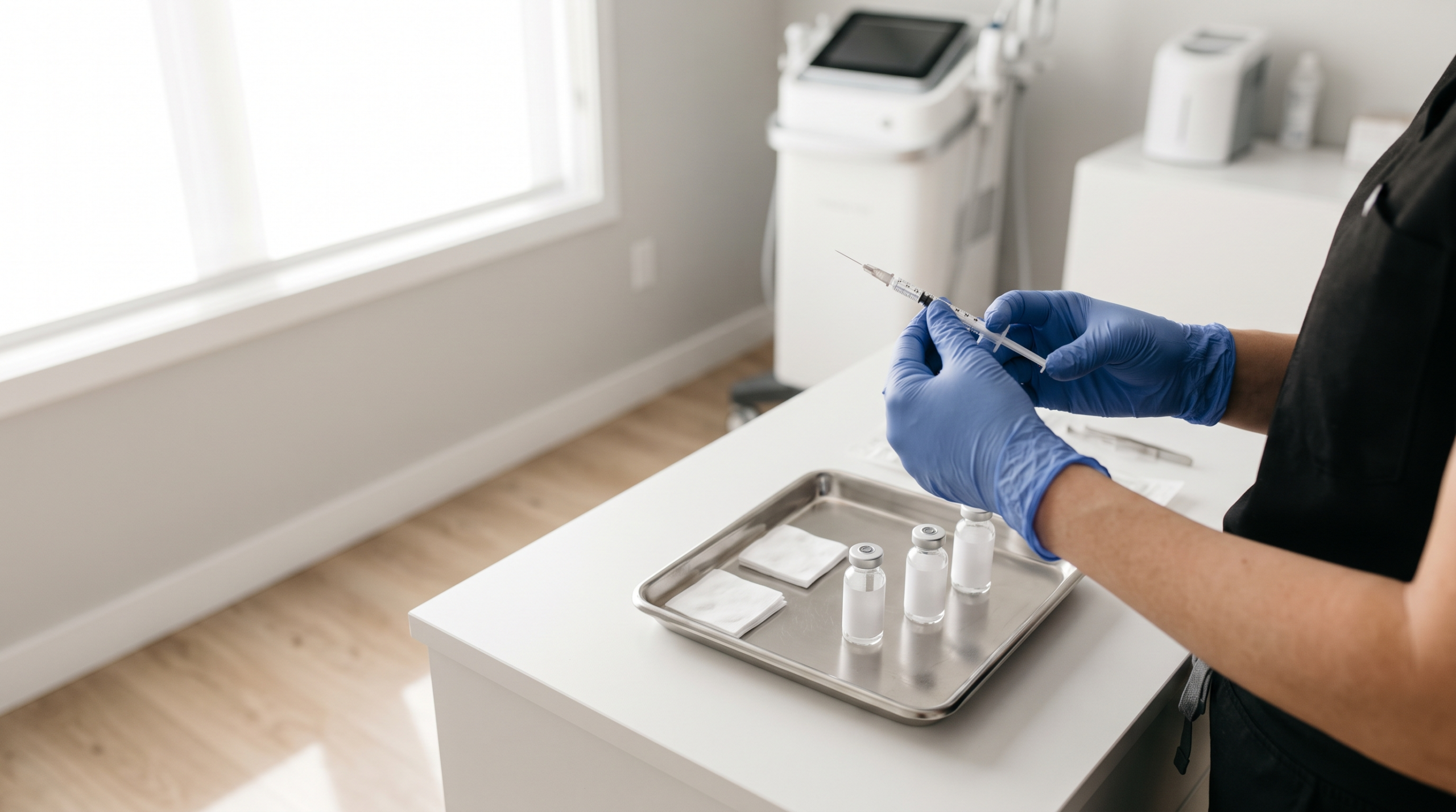 Gloved clinician preparing a fine-needle syringe and sterile tray for Botox hyperhidrosis treatment in a bright Toronto clinic