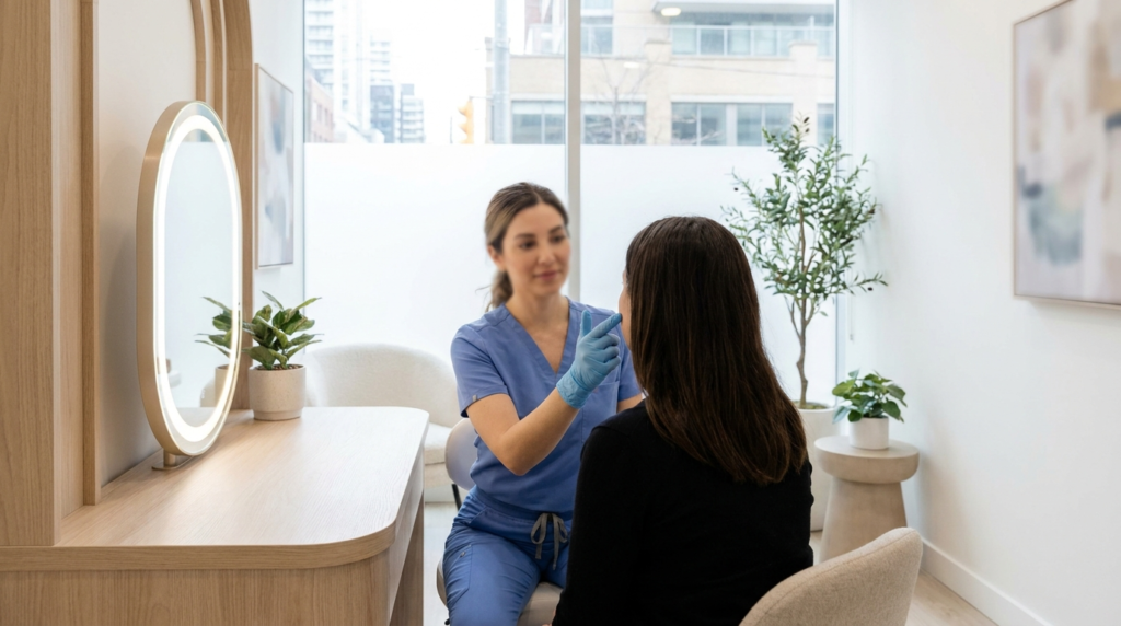 Gloved clinician discussing a Sculptra facial treatment plan with an adult patient at a mirror in a bright Toronto medical aesthetics clinic