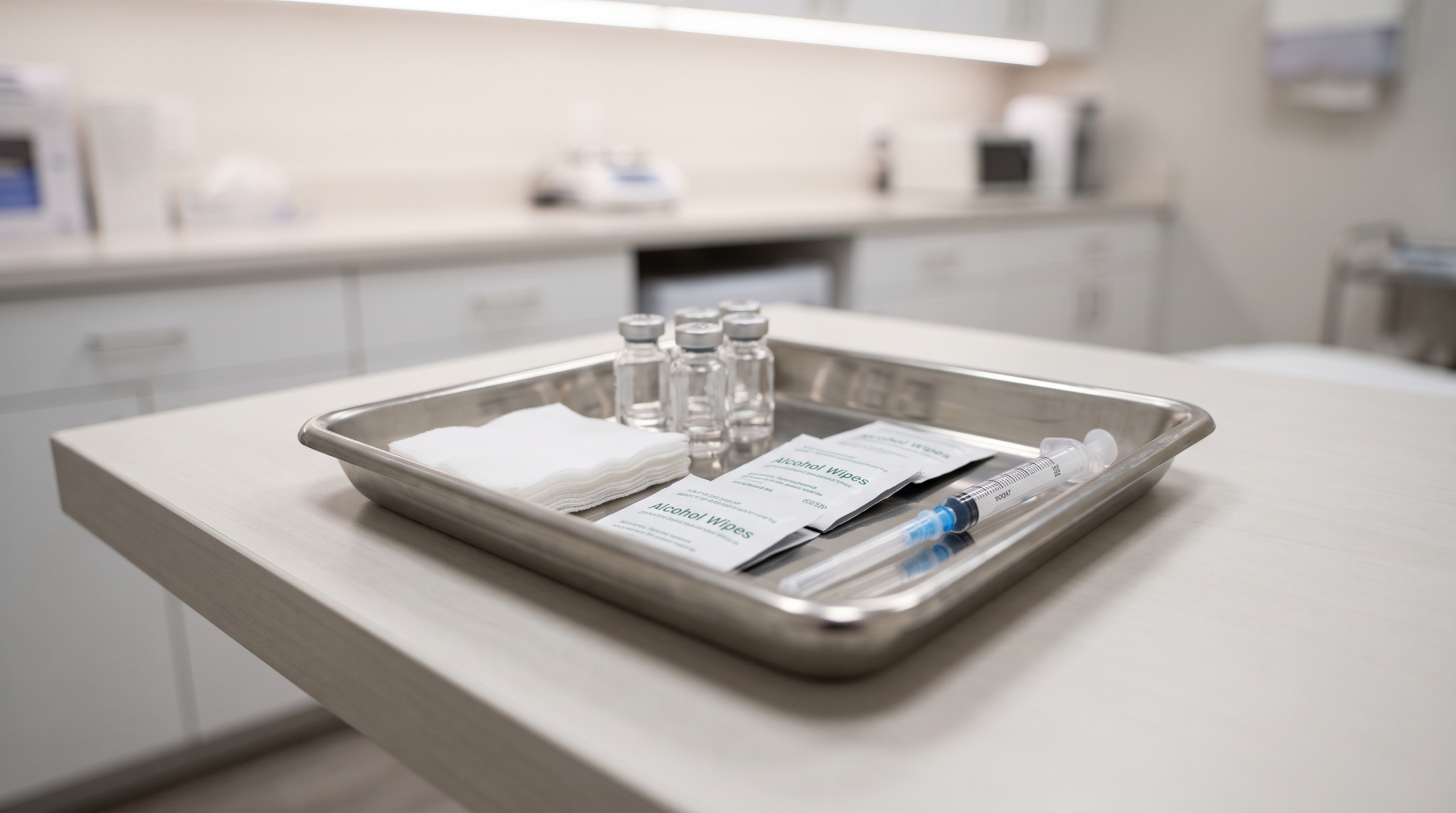 Sterile clinic tray with small unlabelled glass vials, gauze and a capped syringe prepared for a fat-dissolving injectable treatment