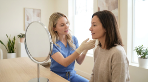 Gloved clinician discussing a chin and jawline filler treatment plan with an adult patient at a mirror in a bright Toronto medical aesthetics clinic