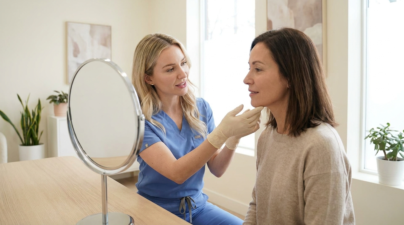 Gloved clinician discussing a chin and jawline filler treatment plan with an adult patient at a mirror in a bright Toronto medical aesthetics clinic