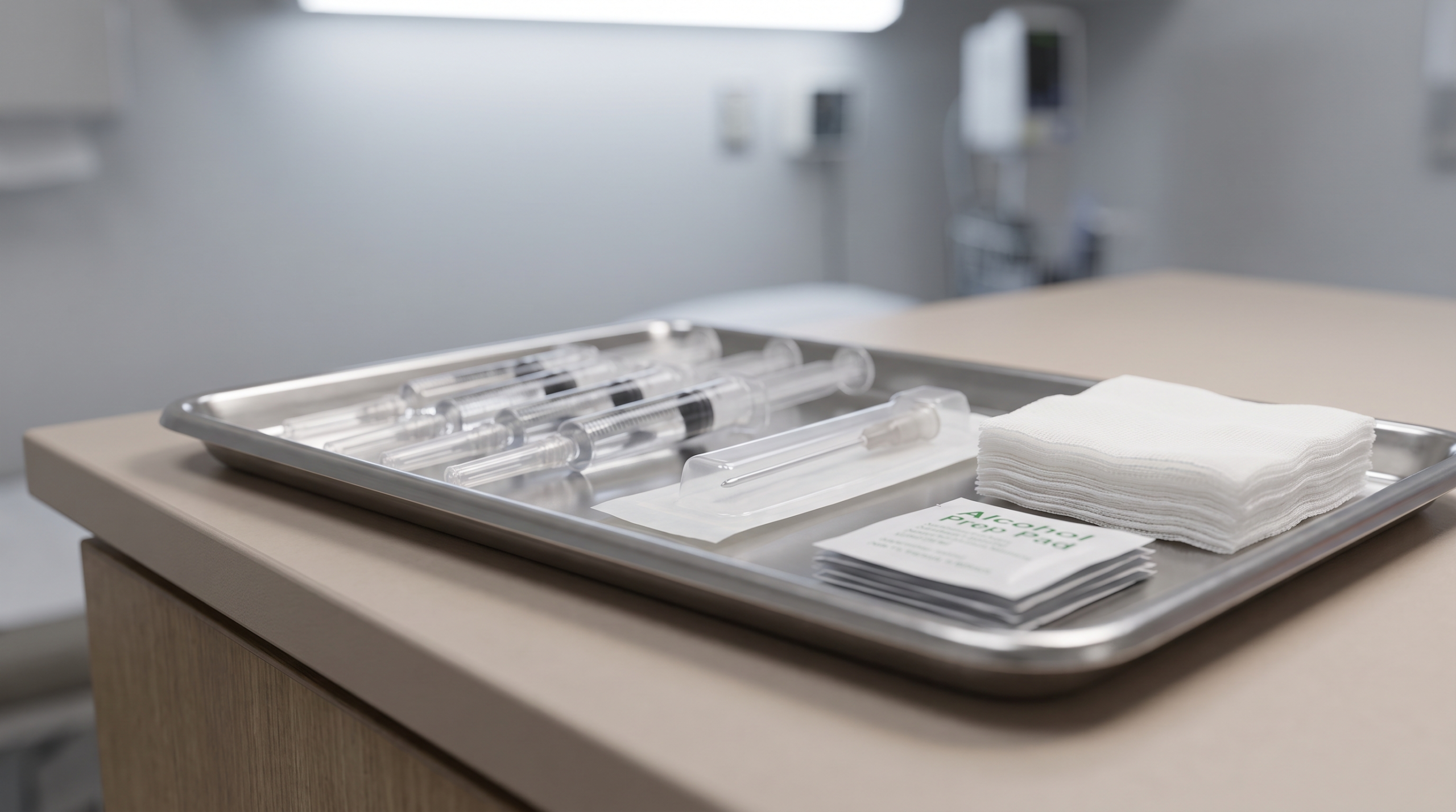 Sterile clinic tray with clear hyaluronic acid filler syringes, a blunt-tip cannula and gauze prepared for a chin filler treatment