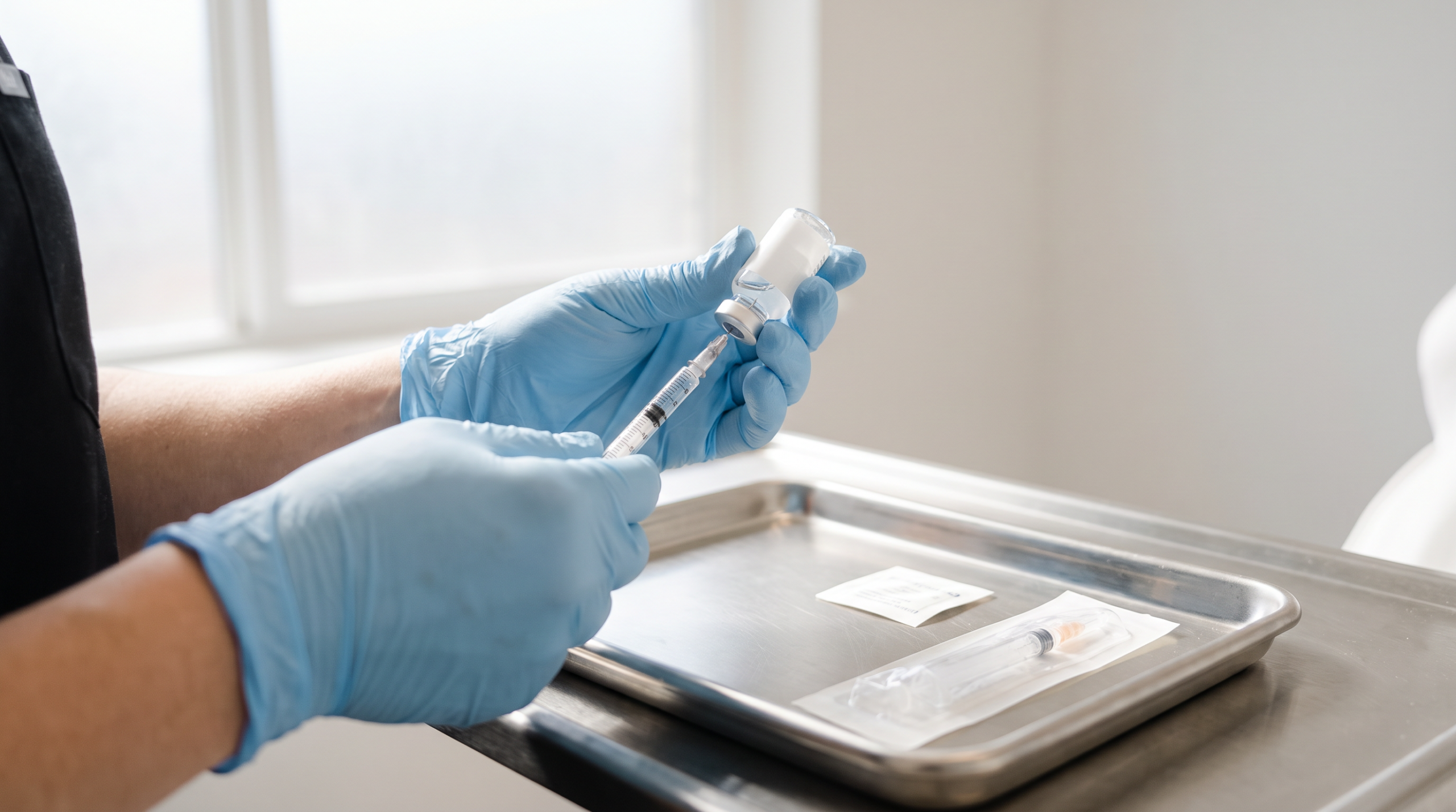 Clinician preparing a syringe and small vial of hyaluronidase on a sterile stainless tray to dissolve hyaluronic acid filler