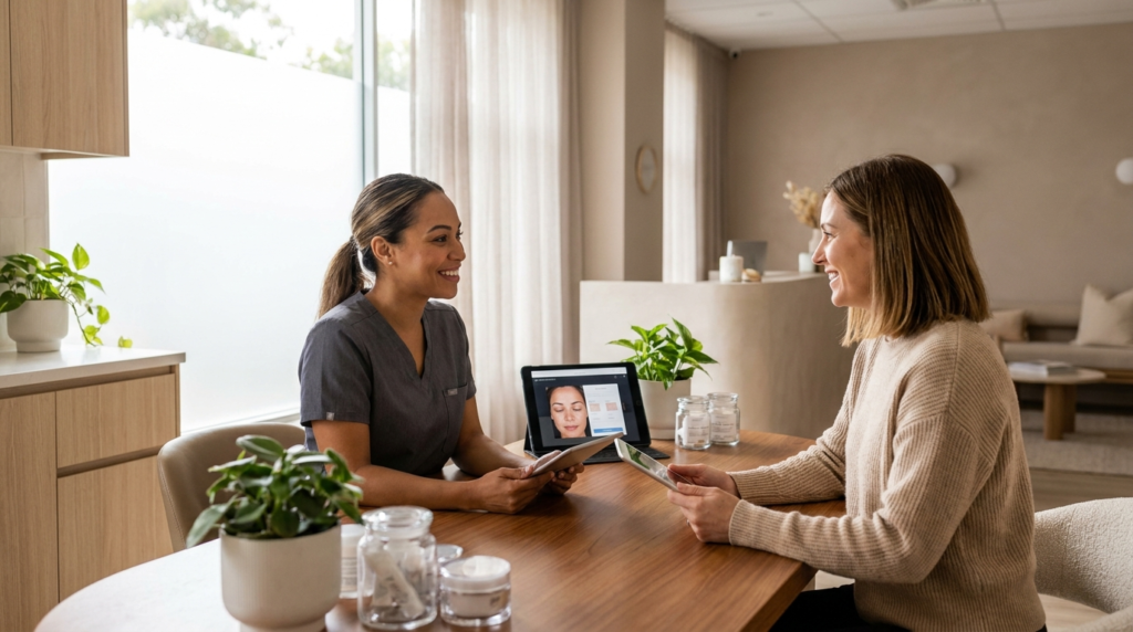Aesthetician and client discussing exosome therapy for skin and hair during a clinic consultation