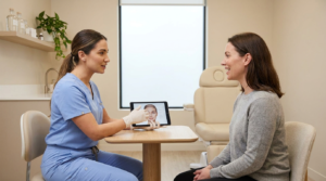 Skincare clinician discussing a vampire facial (PRP facial) with a client during a consultation in a Toronto clinic