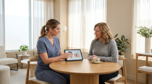 Nurse practitioner and client discussing a PRF treatment plan for skin and hair during a clinic consultation