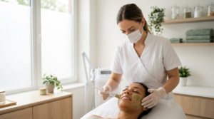 Esthetician applying a green herbal peel to a relaxed client's cheek in a Toronto skin clinic