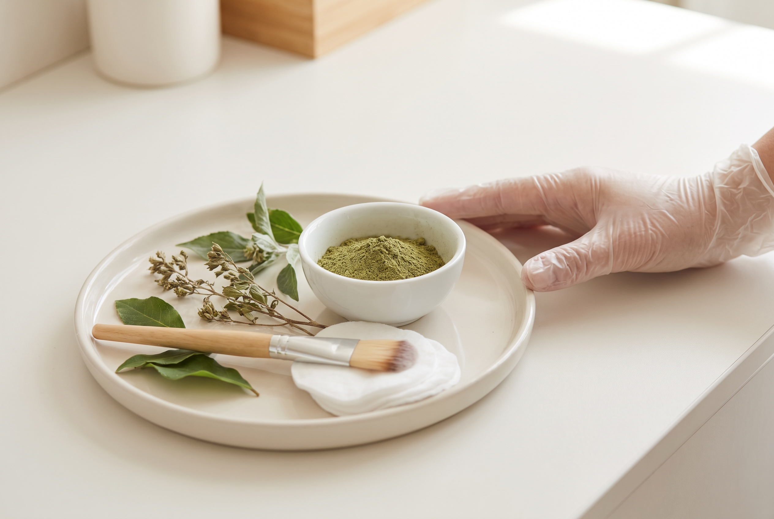 Bowl of green herbal powder with dried herbs, leaves and an applicator brush on a clinic tray