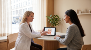 Nurse injector and adult patient reviewing facial treatment options on a tablet during a Botox vs filler consultation in a bright clinic