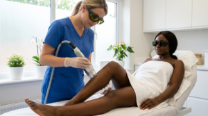 Laser technician in protective goggles performing laser hair removal on the lower leg of a client with deep brown skin, who is also wearing goggles