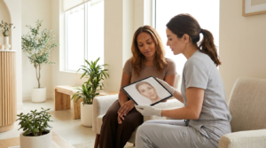 Medical aesthetician and an adult client reviewing a Morpheus8 skin-tightening treatment plan on a tablet in a bright clinic