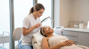 Skin specialist examining the cheek texture of an adult client with a magnifying lamp during an acne scar assessment in a bright clinic