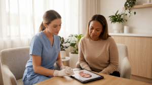 Aesthetic practitioner in gloves and an adult client reviewing a dermal filler treatment plan on a tablet in a bright clinic