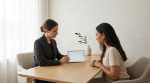 Medical aesthetician reviewing a Morpheus8 skin-tightening treatment and price plan with an adult client at a Toronto clinic