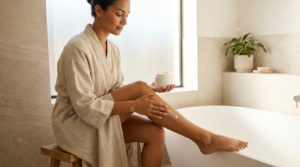 Woman with warm medium skin tone gently applying fragrance-free moisturizer to her smooth lower leg after a skin treatment in a bright bathroom