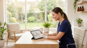 Aesthetician in scrubs and an adult client with mild facial acne reviewing a skincare plan on a tablet at a bright Burlington clinic