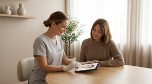 Medical aesthetician and an adult client reviewing a microneedling skin-rejuvenation plan on a tablet in a bright clinic