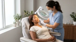Adult woman with medium skin tone reclining in a clinic chair while a masked aesthetician in blue scrubs examines her cheek under a magnifying skin lamp
