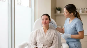 Aesthetician in blue scrubs gently checking the cheek of a calm adult woman with mild facial redness in a bright clinic after a skin treatment