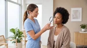 Medical aesthetician in blue scrubs examining uneven pigmentation and dark spots on an adult woman's cheek with a skin-analysis magnifier in a bright clinic